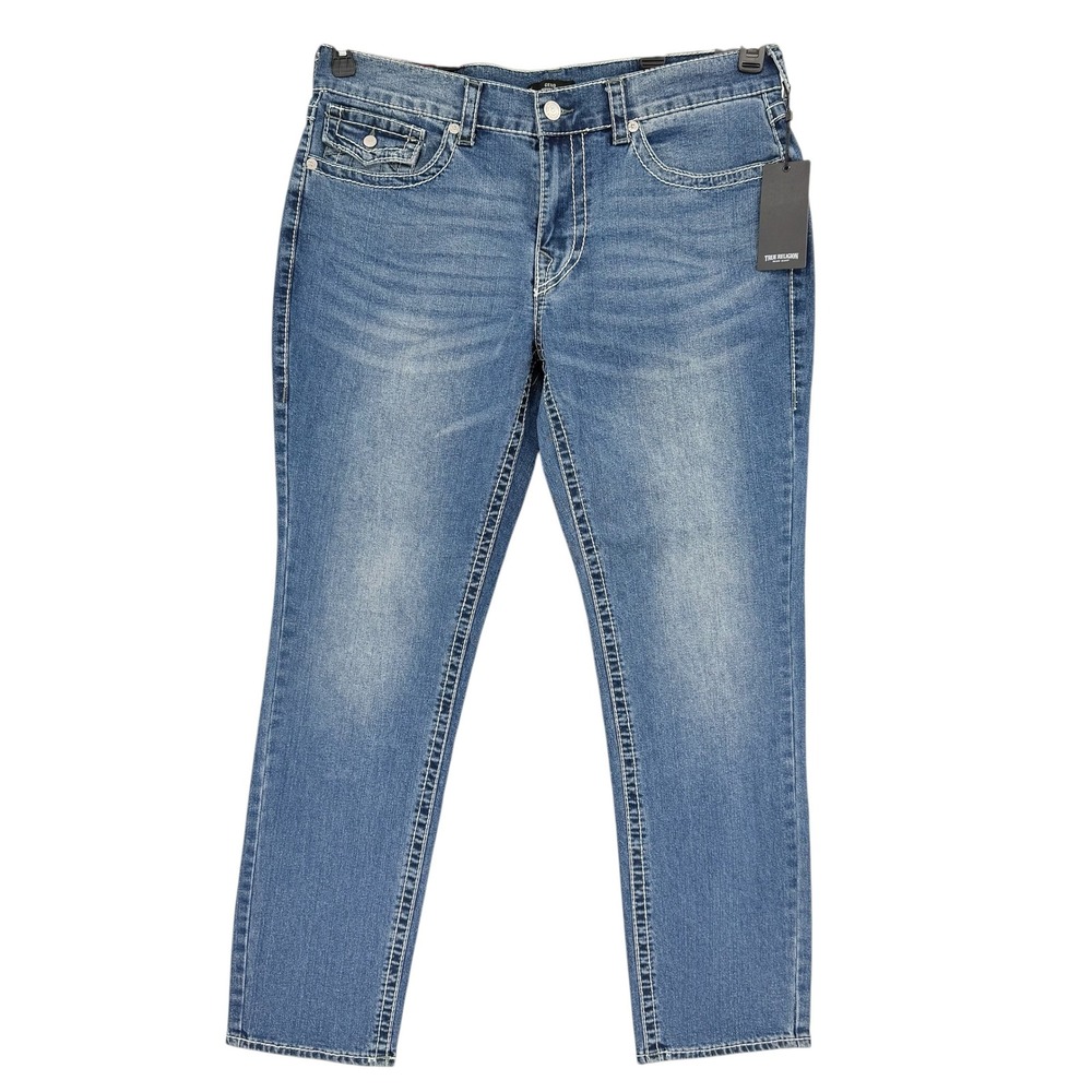 True Religion Men's Geno Big T Flap Slim Stretch Blue Denim Jeans 36x32 NWT $199
